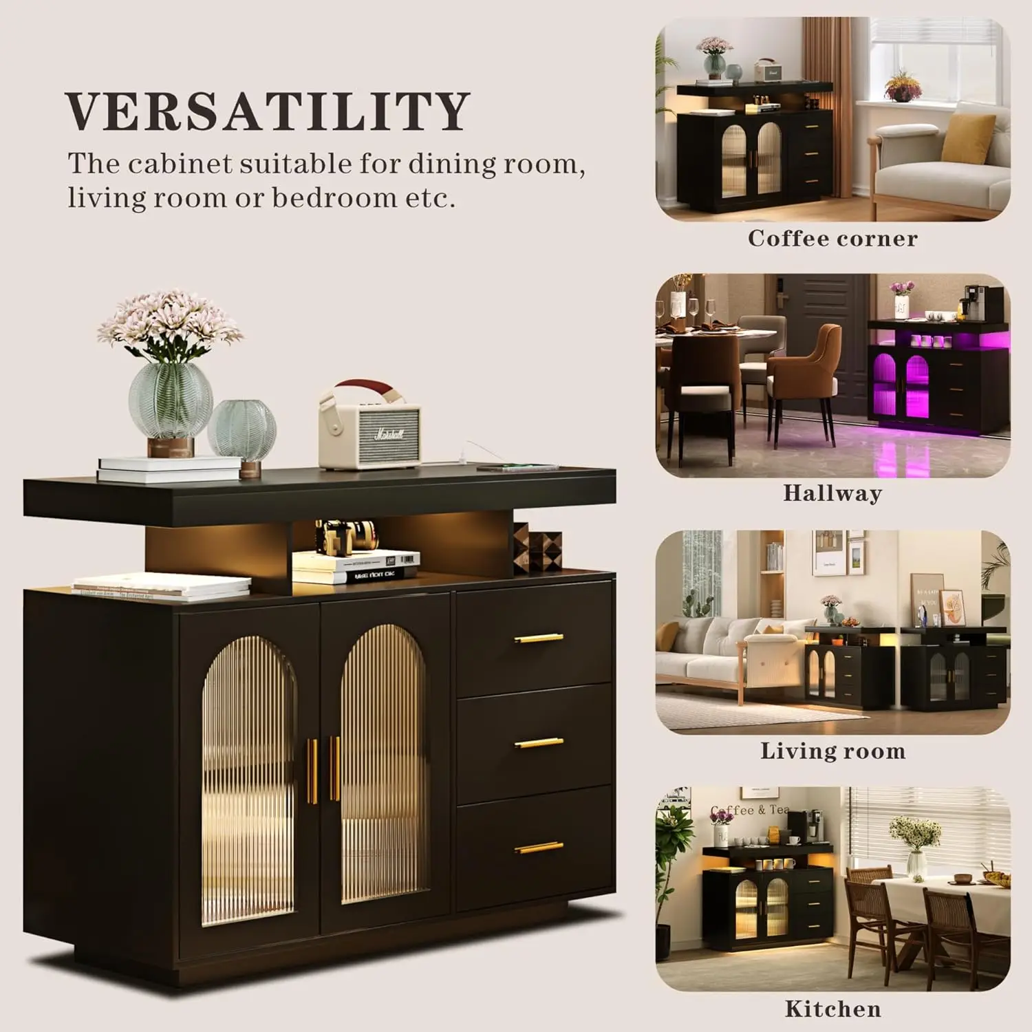 خزانة بوفيه مع مساحة تخزين، طاولة بار قهوة حديثة مع 3 أدراج وبابين للمطبخ، مصابيح LED بـ 20 لونًا، خزانة جانبية