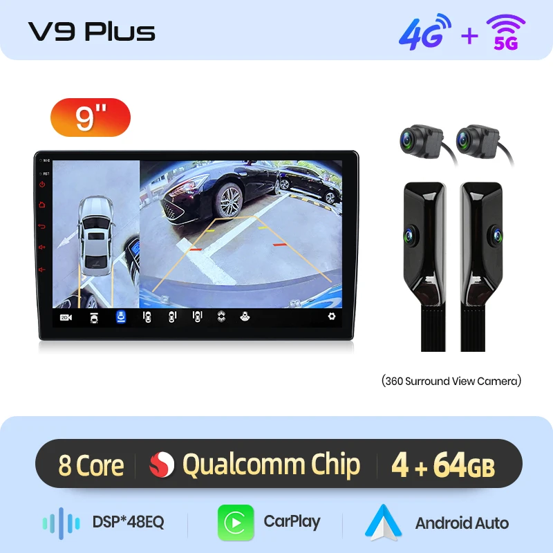 Junsun Qualcomm 8-Core 360 graden camera universele stereo 7" 9" 10" autoradio draadloze CarPlay Android Auto IPS touchscreen multimediaspeler slimme intelligente systemen 2 Din head unit autoradio
