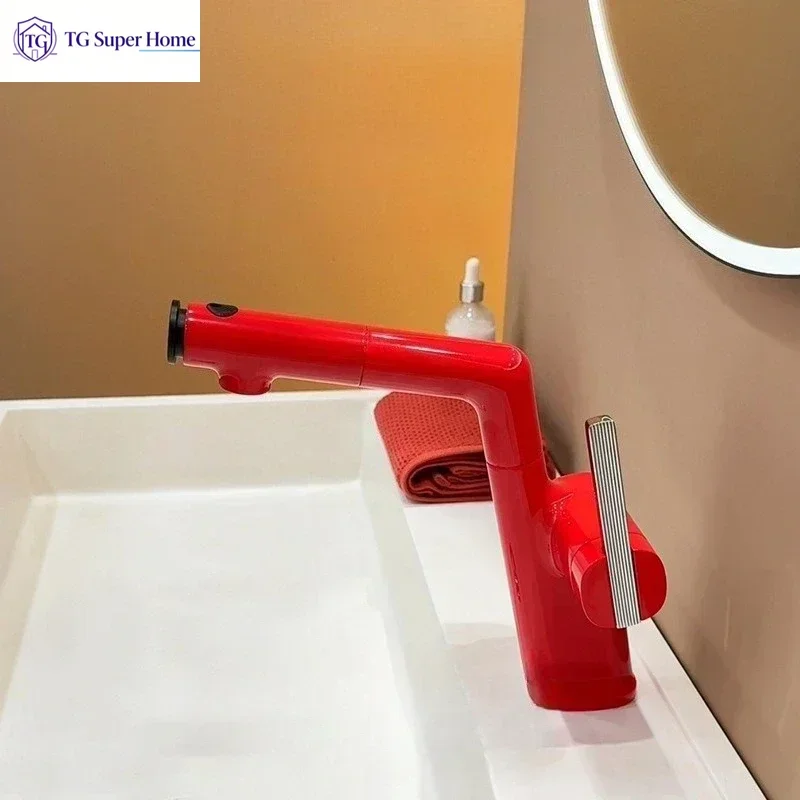 Multi-Function Pull-Out Bathroom Tap with Adjustable Height, Hot and Cold Water, for Washbasin Countertop – Berry Red