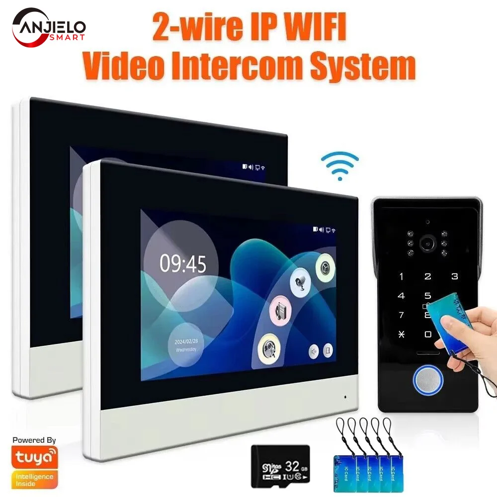 ANJIELO Tuya Smart Home IP 2-سلكي جرس الباب نظام اتصال داخلي عبر الفيديو مع كلمة المرور IC بطاقة فتح 1080P 7 بوصة شاشة تعمل باللمس