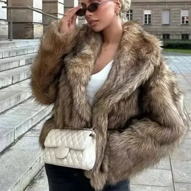 Elegante pluizige namaakbont uitloper damesmode revers lange mouwen pluche dikke jas winter nieuwe dagelijkse high street uitloper