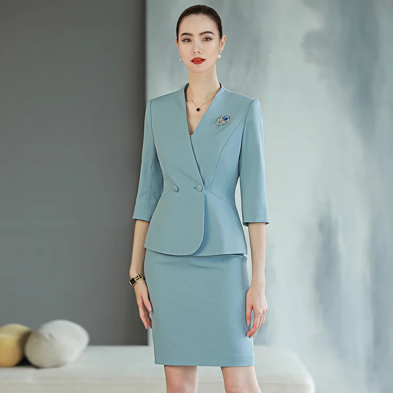 

Деловой профессиональный костюм с V-образным вырезом и рукавом 7/8, комплект с юбкой, высококачественная рабочая форма для менеджера салона красоты, полиэстер, весенняя мода