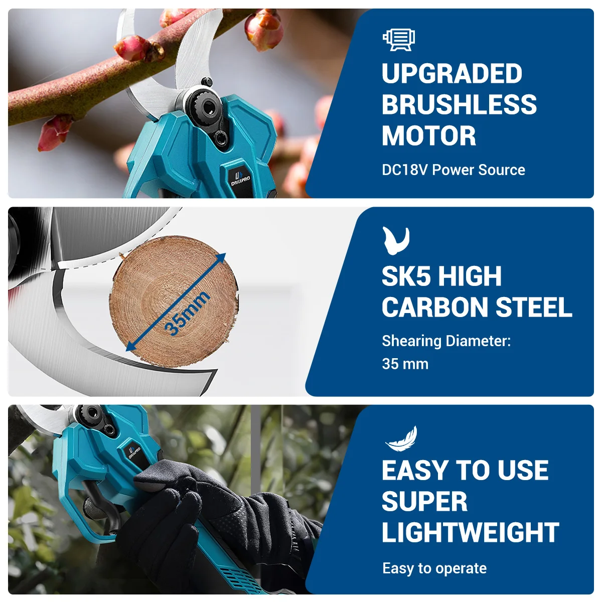 Drillpro 40 مللي متر مقصات التقليم الكهربائية بدون فرش أدوات الحدائق مقص كهربائي لاسلكي فروع شجرة الفاكهة القاطع أدوات كهربائية