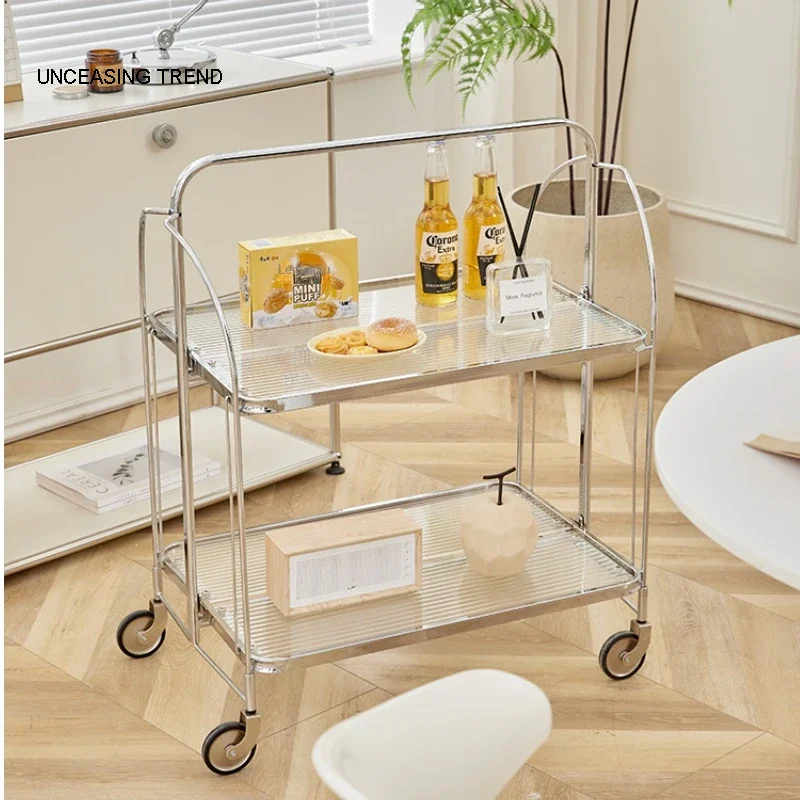 Moving glass coffee table Living room sofa side table Corner table trolley with wheels home furniture Folding storage hand cart