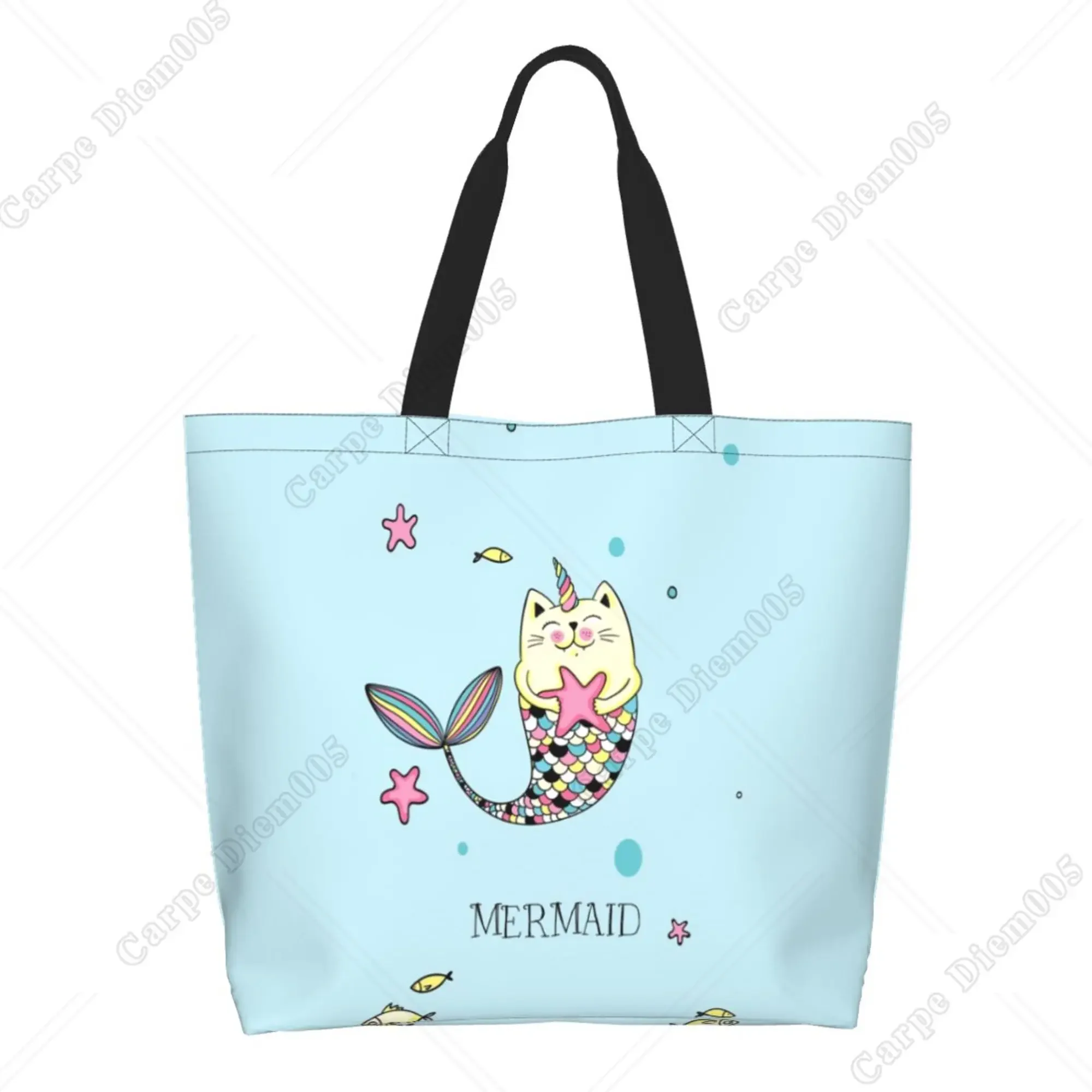 Mermaid Cat Starfish Blue Women Shopping Bag Tote Bag Large Shoulder Bag Casual Reusable Handbag for Shopping Grocery Work