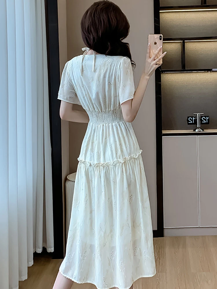 Summer White Jacquard Floral Short Sleeve V-Neck Midi Dress Women Elegant Ruffled Pleated Dress 2025 Korean Bodycon Party Dress