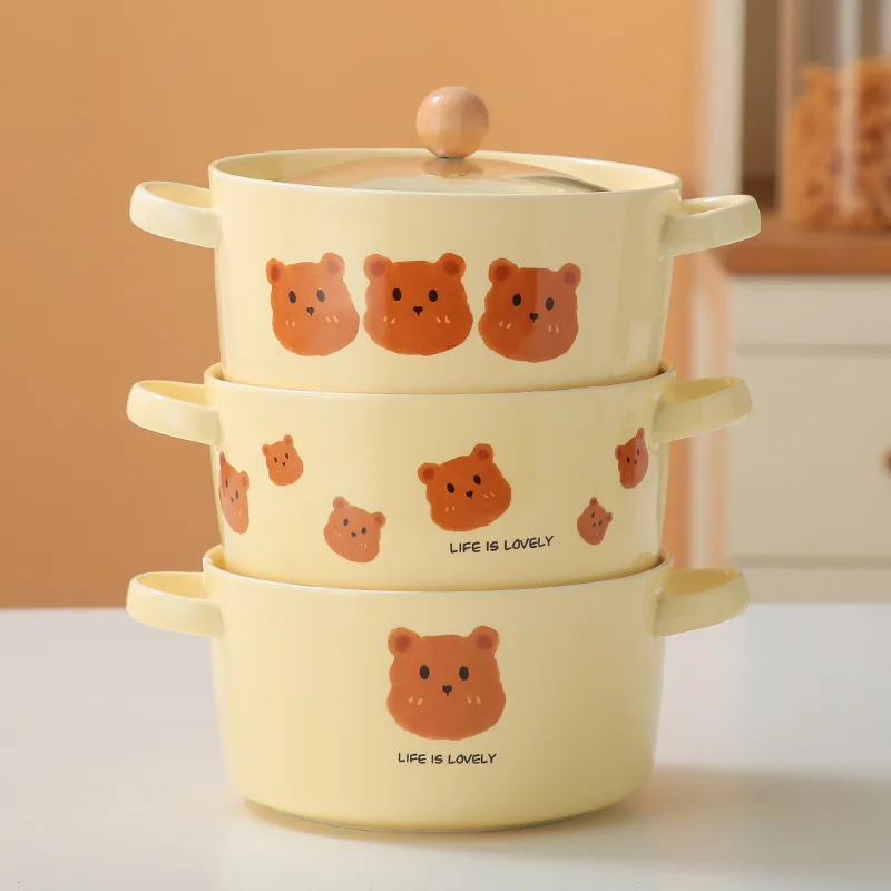 Korean Ins Style Cute Bear with Lid Instant Noodle Bowl Student Dormitory Cute Soup Bowl Household Binaural Ceramic Noodle Bowl