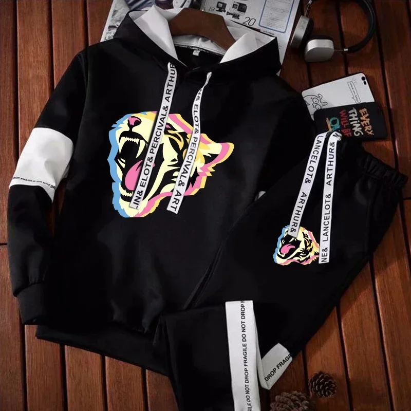 Men's Sweatshirt Sets Letter Printed Drawstring Hoodie + Pants Fashion Hip Hop Street Clothing Man Long Sleeve Hooded Top