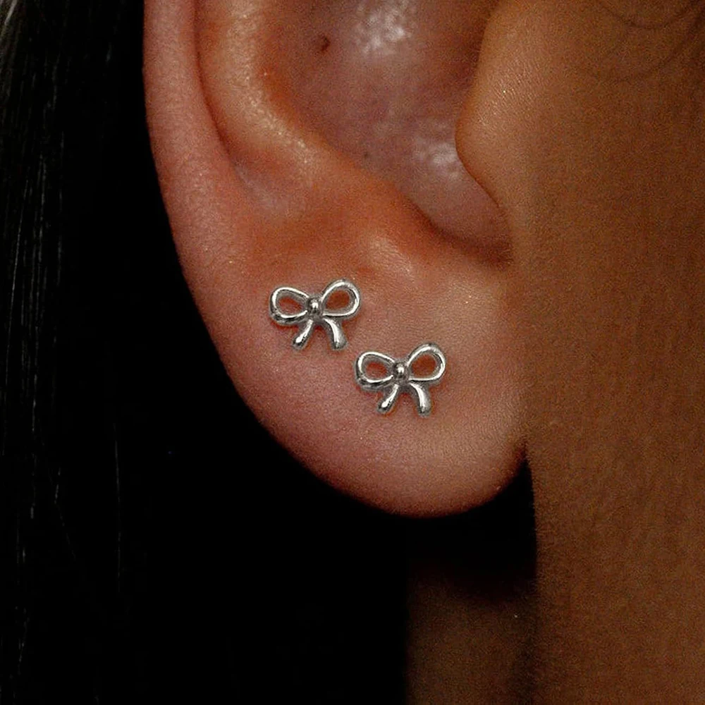 2PCS Simple Bowknot Minimal Stud Earrings For Women Cute Small Stainless Steel Hypoallergenic Punk Unisex Rock Earring Jewelry