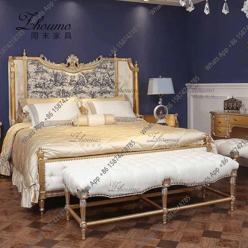 Medieval style solid wood gold double bed luxury palace style carved bedroom wedding bed French soft bag bedside single bed