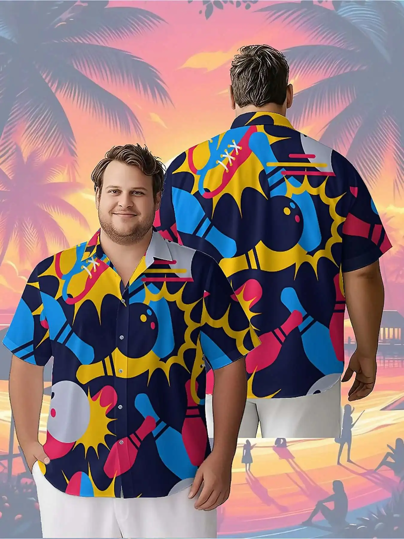 Men's Plus Size Hawaiian ShirtsCool Bowling Themepattern,Unisex Baggy Aloha Shirts,summer Alternative Clothing