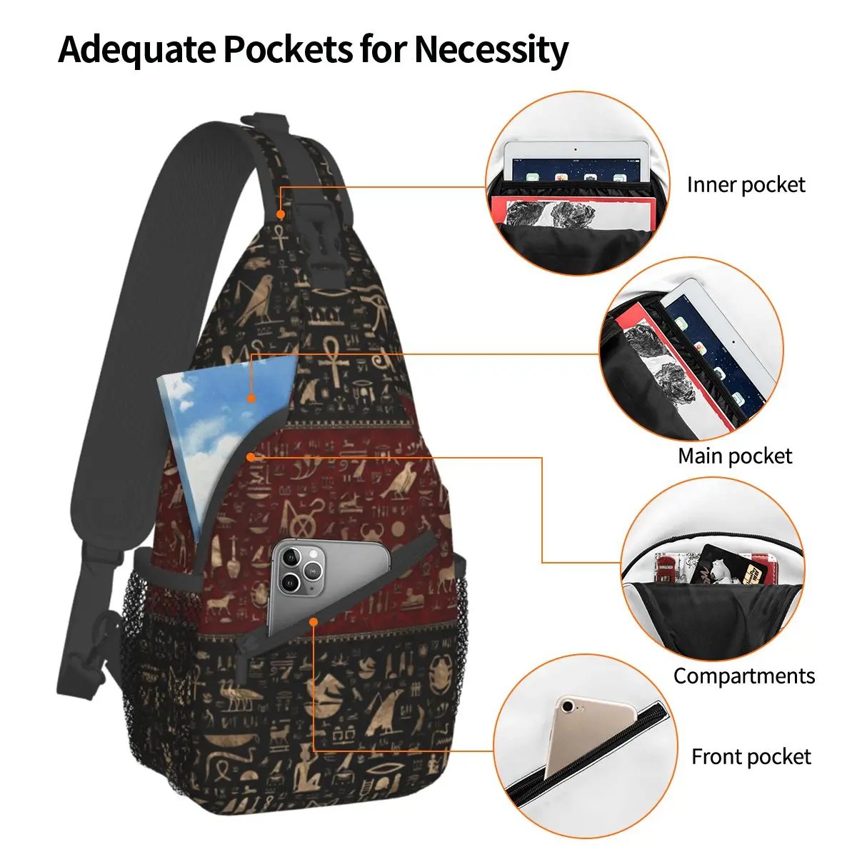 Egyptian Hieroglyphs Small Sling Bags Chest Crossbody Shoulder Sling Backpack Outdoor Sports Daypacks Egypt Deities Gold Pattern