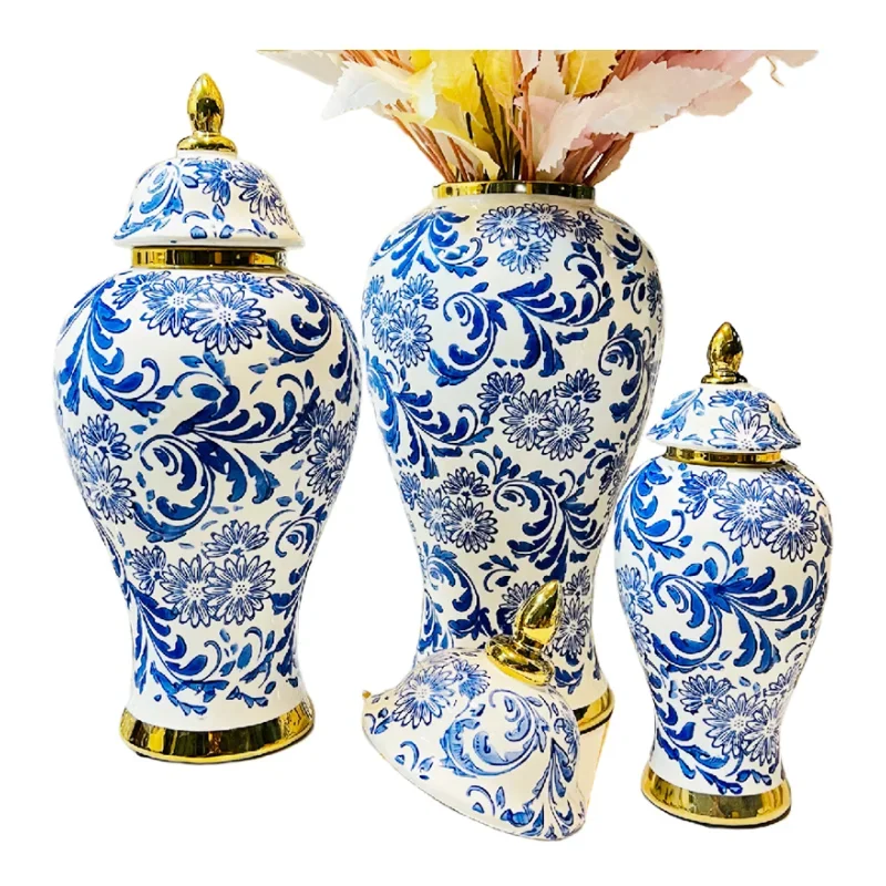 Ceramic General Jar Blue and White Ginger Cans Storage Tanks Flower Vase Chinese Handicraft Ornaments Home Decoration