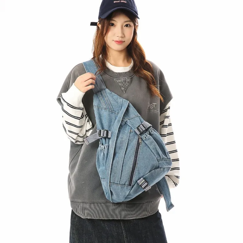Vintage Washed Denim Sling Bag Man Woman Multifunction Retro Large Capacity Portable Motorcycle Chest Bag