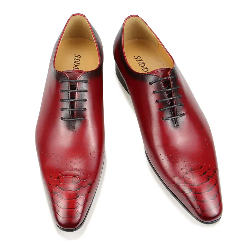 Vintage Formal Oxford Cow Leather Dress Shoes Fashion Men\'s Lace Up Elegant Business Wedding Pointed Toe Office Color Red Black