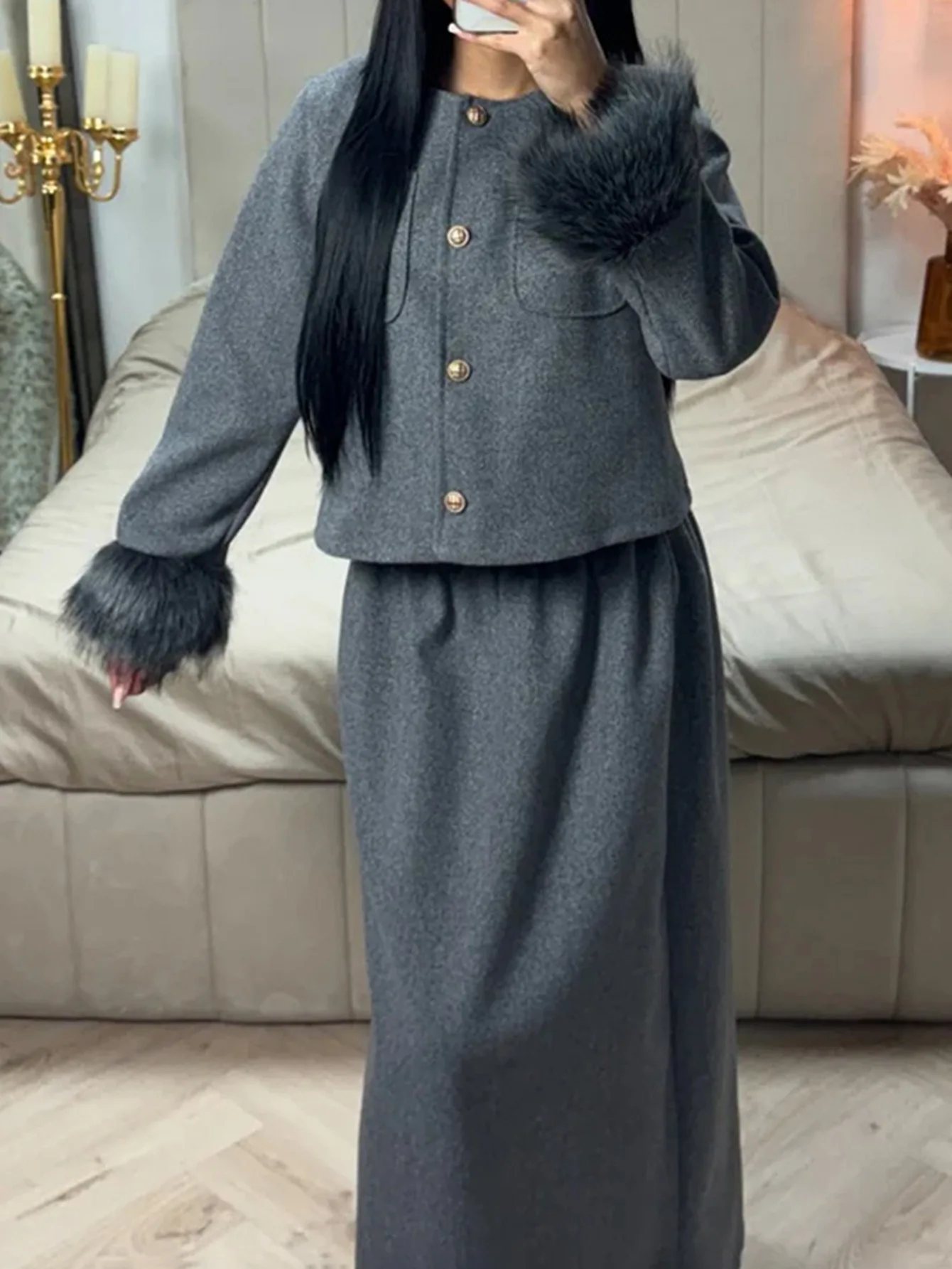 

Two Piece Set Women Outfit 2026 New Spring Autumn Solid Color Round Neck Long Sleeve Jacket Top & Elegant High Waist Skirt Set