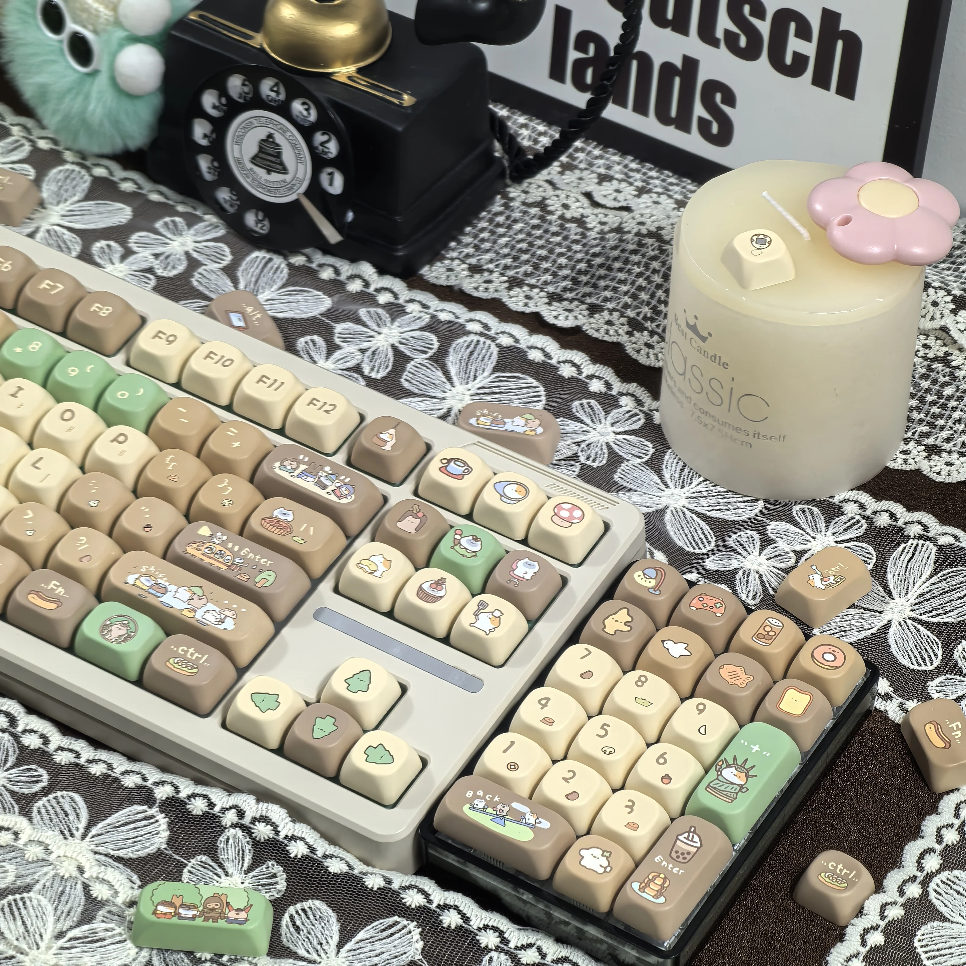 Imagem -04 - Teclado Mecânico Retro dos Desenhos Animados Keycap Redondo Marrom Verde ru Retro Keycap Leite de Feijão de Cacau Bonito Khaki Pbt Moa 127 Teclas