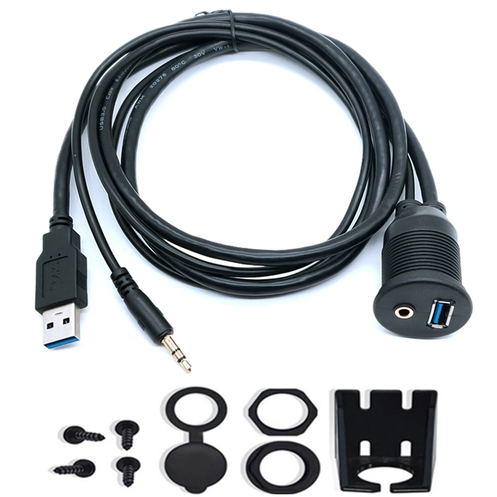 

USB Flush Mount Panel USB 2.0 USB 3.0 3.5mm Extension Dashboard Cable For Car Motorcycle