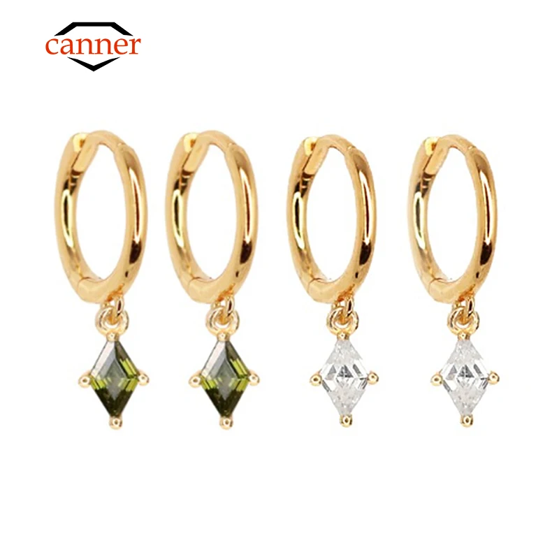 CANNER S925 Sterling Silber Rhombus Grün Weiß Olivgrün Zirkon Anhänger Creolen für Frauen Durchbohrt Huggie Brincos Geschenke
