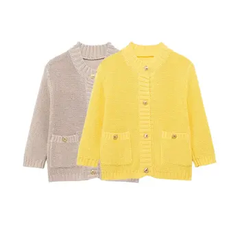 TRAF-여성용 니트 가디건 스웨터, 골든 버튼 프론트 패치 포켓, 반팔, 여성 아우터, 시크한 탑, 패션