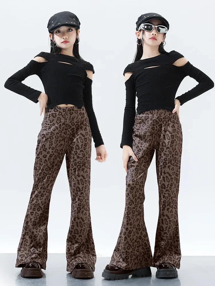 Mädchen Hip Hop Kleidung Schwarz Tops Streetwear Leopardenmuster Hosen für Kinder Tanzkostüm Kleidung