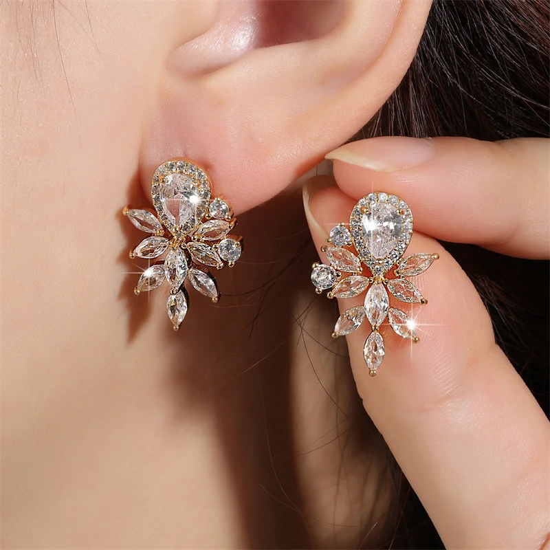 ZAKOL Fashion Water Drop Marquise Zirconia Earrings for Women Shinny Crystal Leaf Earring Bridal Gold Color Wedding Jewelry