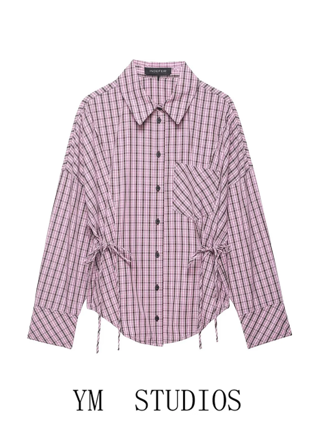 

Женская клетчатая рубашка свободного кроя с длинными рукавами, отложным воротником и завязками, повседневный топ, летняя мода, полиэстер, неэластичный материал