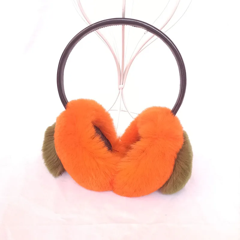 Women Cute persimmon Real Rabbit Fur Earcap Fashion Warm Orange Winter Lovely  Genuine Rex Rabbit Fur Earmuff