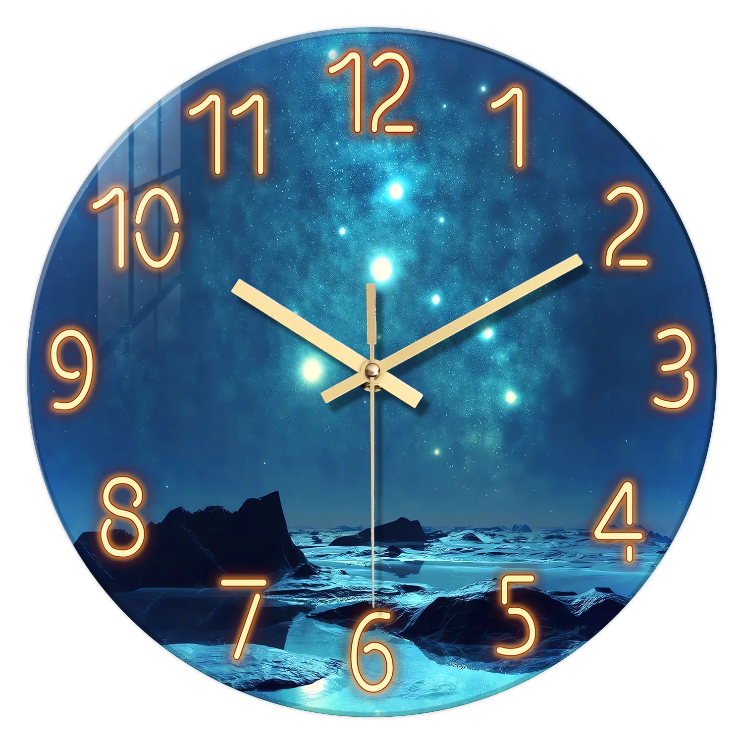 Vintage Silent Round Clock, 2D Blue Star Mountain River Sea Print Wooden & Acrylic Wall Clock,Home Bedroom Art Decor No Battery