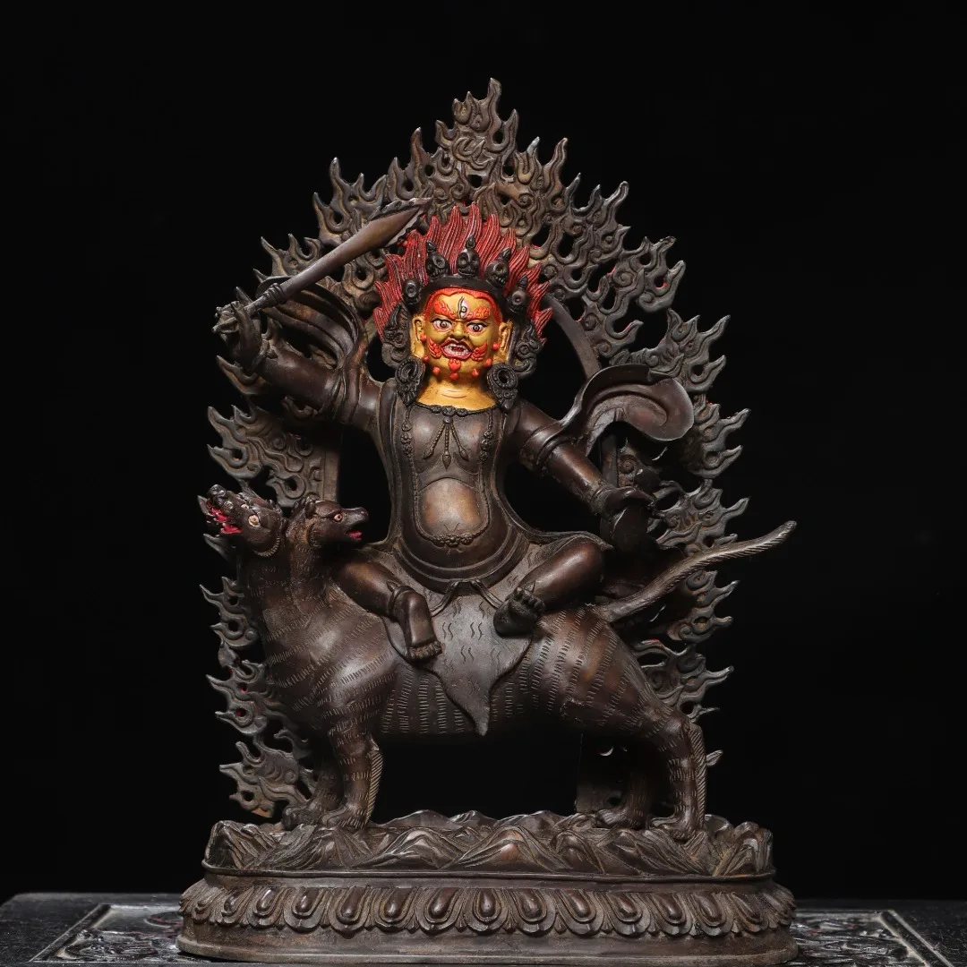 Old Bronze Gilded Painted Face Mud gold Palden Lhamo  Mount divine beast Flame backlight Amitabha Town house