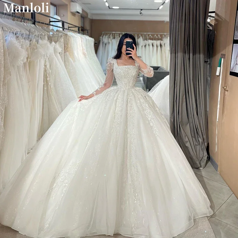 

Luxury Square Neck Princess Wedding Dress Bohemian Long Sleeve Lace Pearl Bride Dress Beach Ball Long Dress Customized