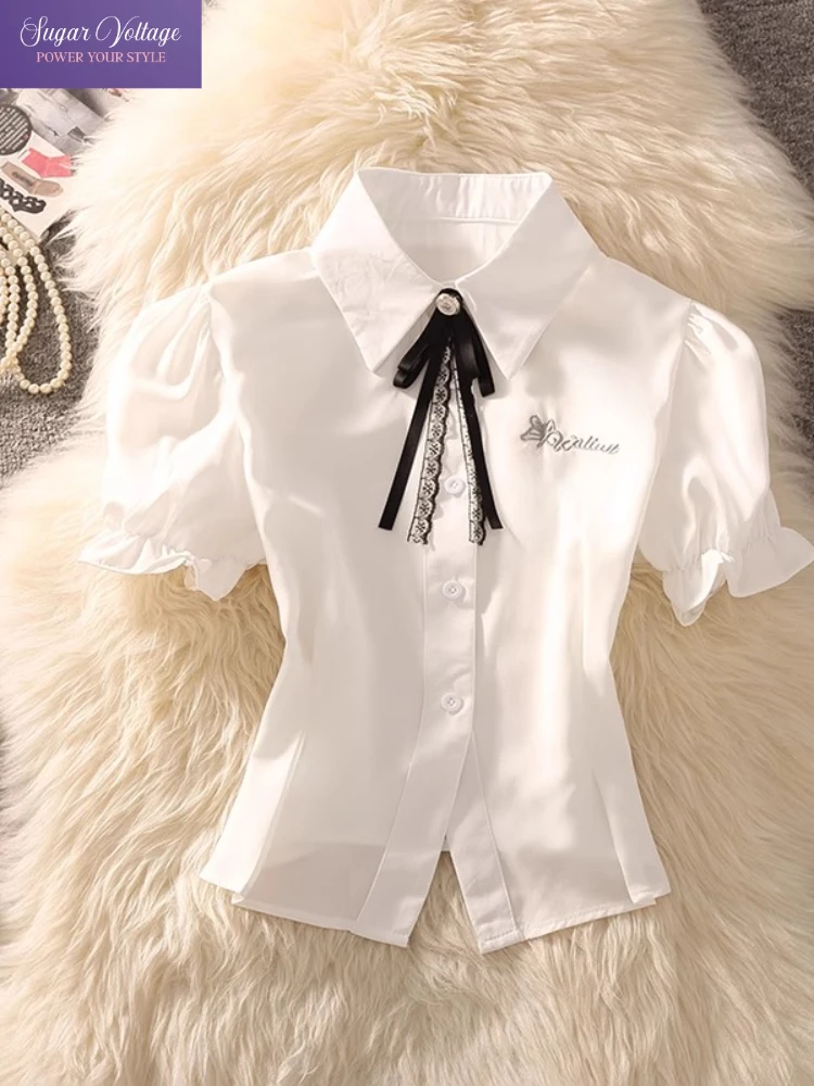 

Элегантная милая блузка в консервативном стиле с бантом и коротким рукавом, женская летняя белая блузка с пышными рукавами, облегающие рубашки в корейском стиле, шикарные офисные женские рубашки