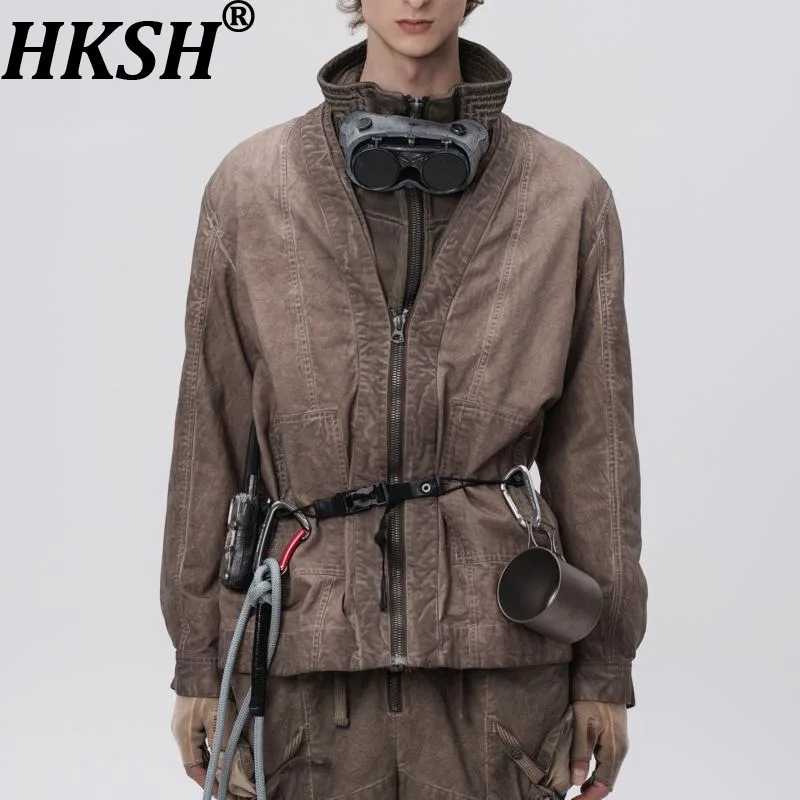

HKSH Spring Autumn Men Punk Mountain Retro Washed V-Neck Jacket Outdoor Safari Style Vintage Cardigan Zipper Coat Trendy HK17154