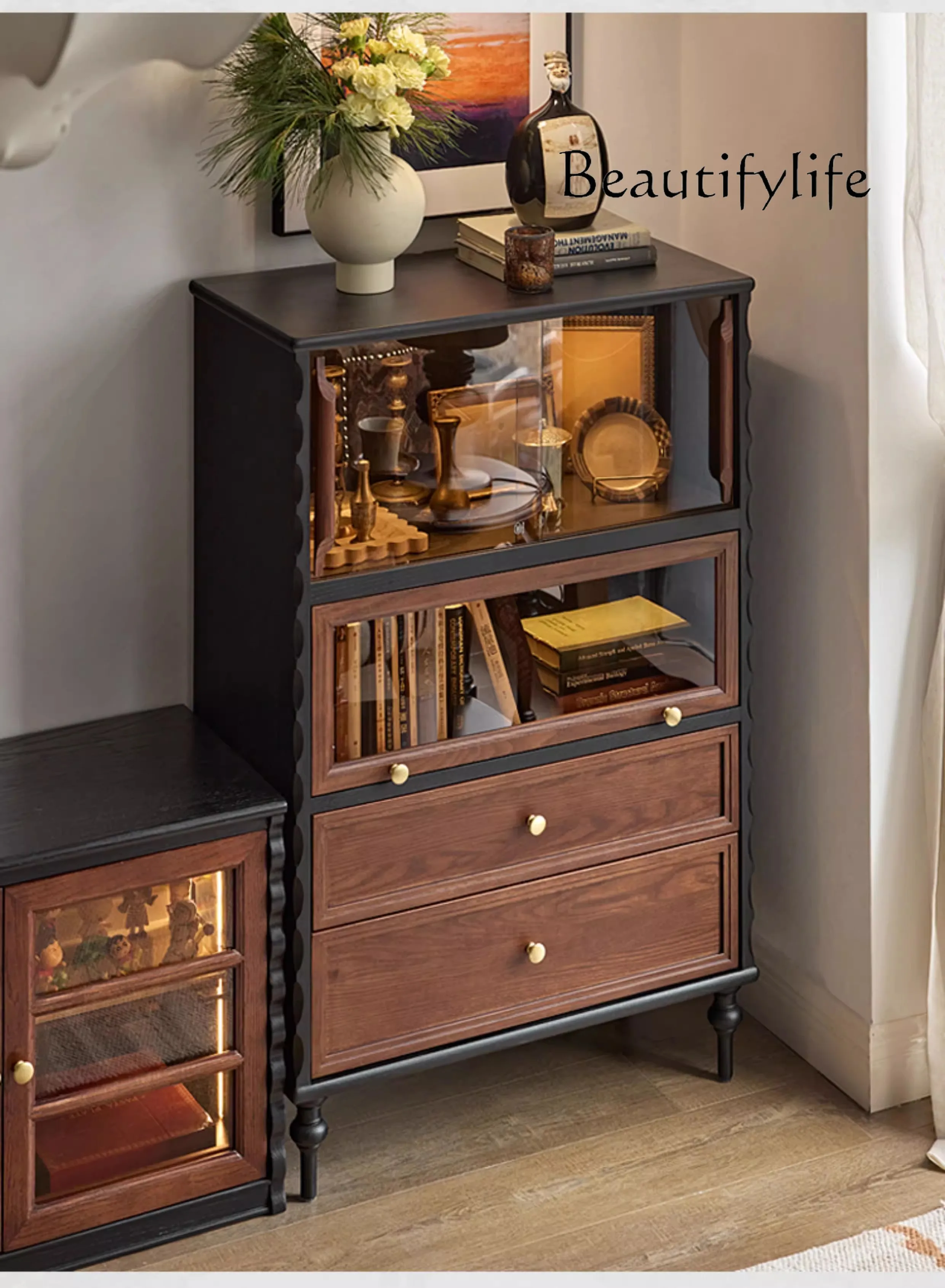 Medieval living room TV cabinet wine cabinet display French solid wood storage high-end fashion living room