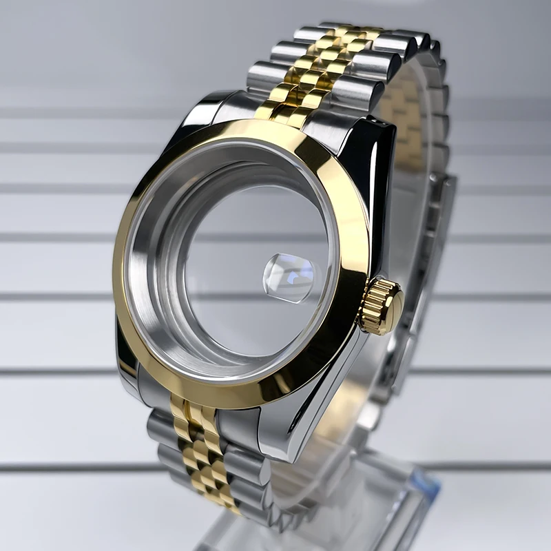 

39mm DJ NH35 Case Yellow Gold Flat Bezel Sapphire Glass For Skx Mod Modification Parts Fit NH35 NH36 Movement Steel Watch Case