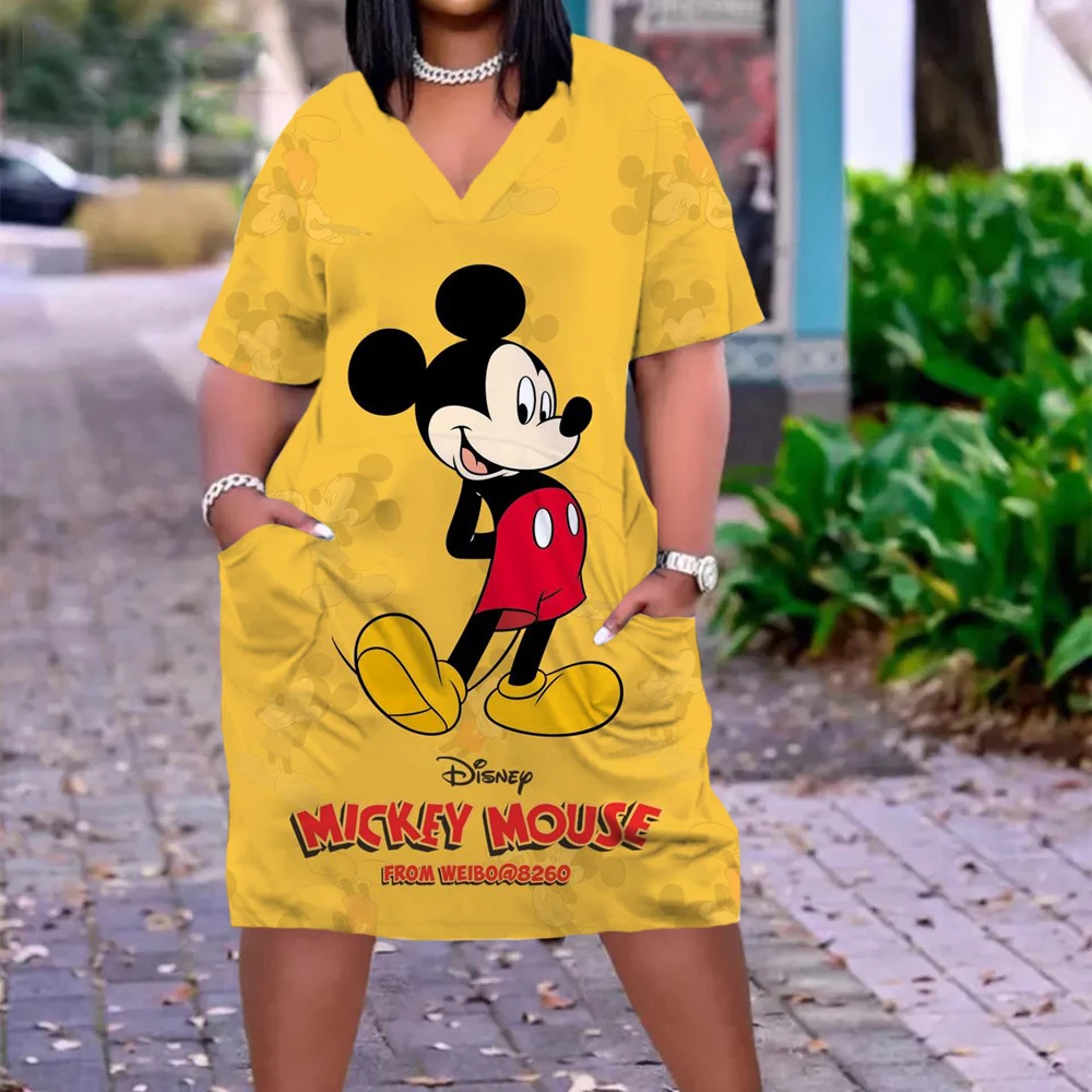 Gaun Seksi Disney Minnie Gaun Gambar Cetak 3D Mickey Fashion Wanita Gaun Pesta Malam Wanita Longgar Musim Panas Sepanjang Lutut Jalan