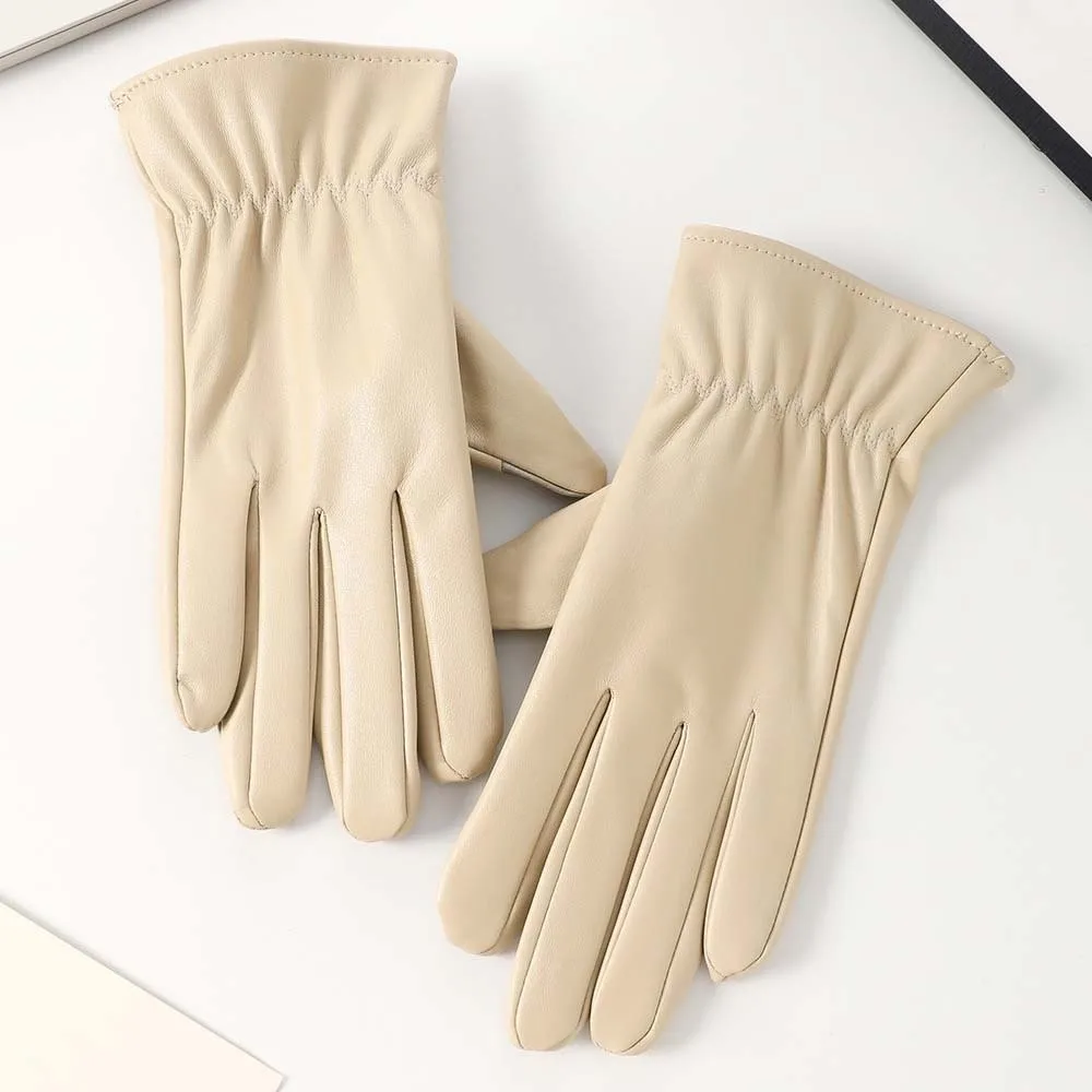 Подарочные мягкие перчатки из искусственной кожи с защитой от холода, водонепроницаемые бежевые варежки с сенсорным экраном, однотонные плиссированные ветрозащитные варежки для вождения