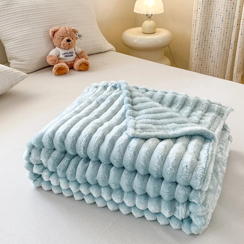 Fresh Striped Faux Rabbit Fur Blanket with Ribbed Craft, Multi-functional Throw Blanket, Suitable for All Seasons