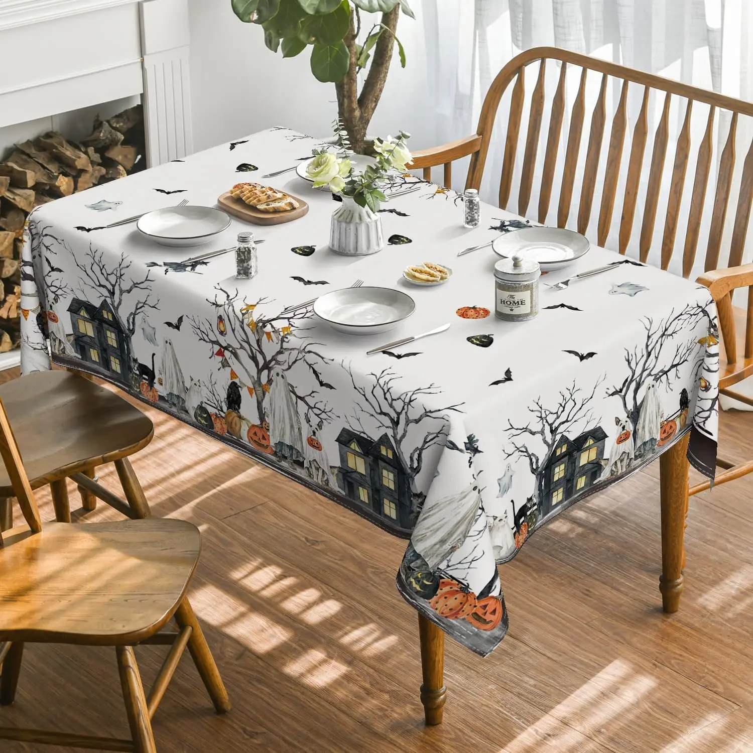 Halloween Lantern Pumpkin Cobweb Ghost Dog Fabric Tablecloth Table Decor Waterproof Tablecloth for Table Dining Room Decor