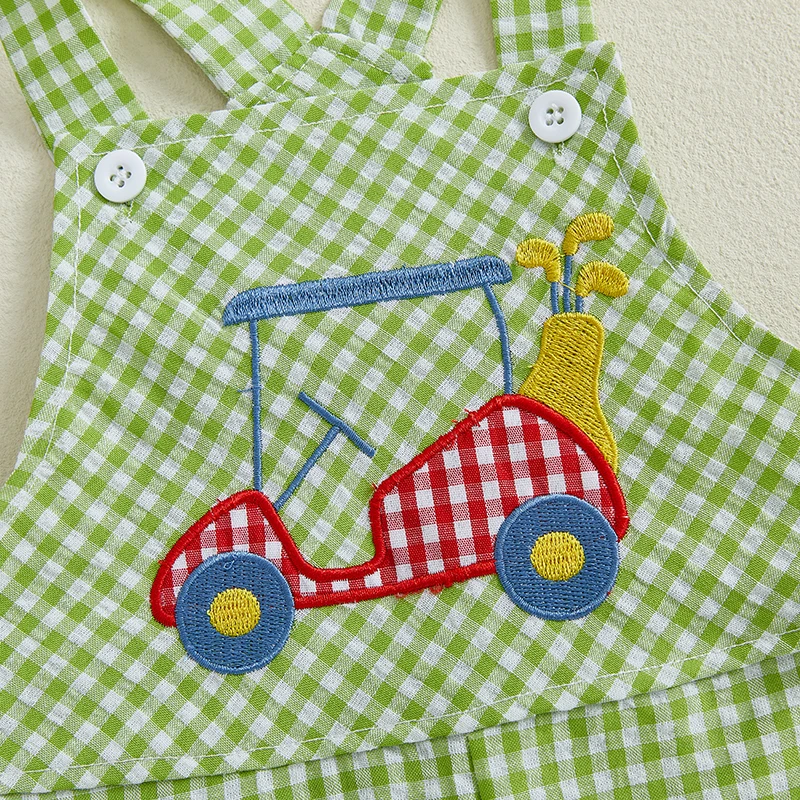 ملابس صيفية للأطفال الأولاد بدون أكمام ورقبة مربعة وعربة جولف مطرزة بحمالات رومبير لحديثي الولادة