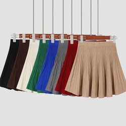 Knitted Pleated Short Skirt Women Autumn Winter Sexy Elastic High Waisted Casual Party All-Match Mini Skirt Grey Black Green