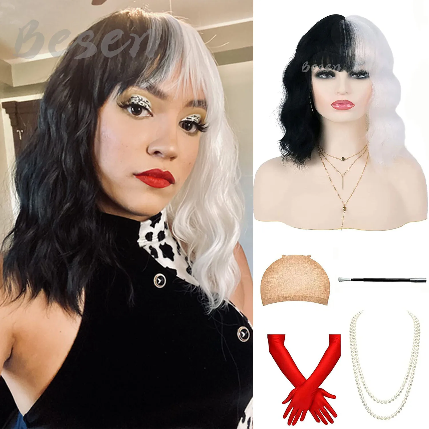 Peluca sintética de Cruella para disfraz de Cruella Deville para mujer, pelucas rizadas onduladas, Bob corto, Cosplay de fiesta, Halloween, blanco y negro