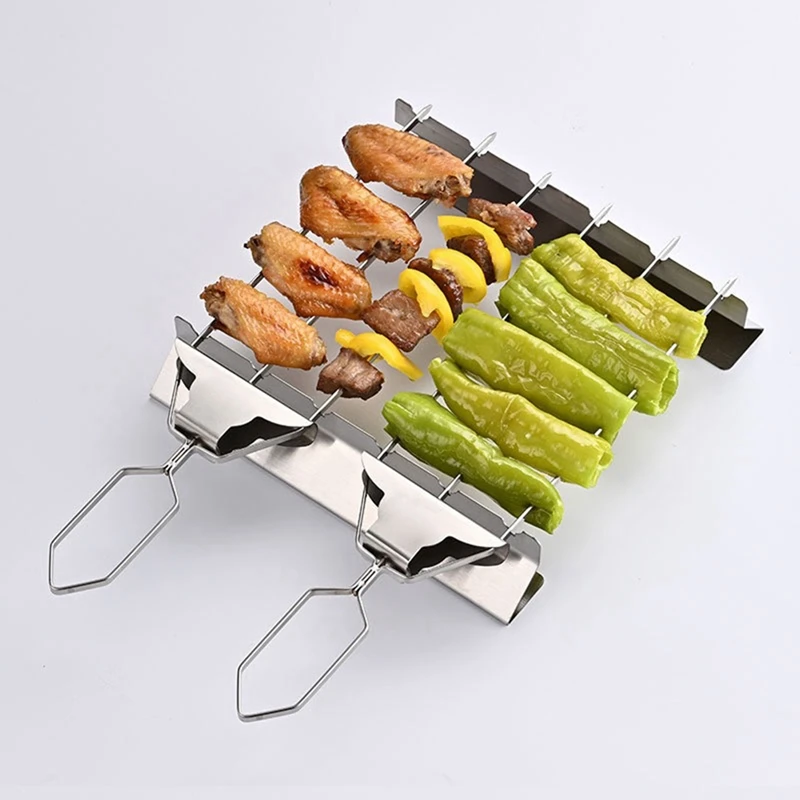 Three-Way BBQ Skewers, Stainless Steel BBQ Skewers, Easy To Use Pusher Slider, Perfect For Meats, Vegetables, Fruits Easy To Use