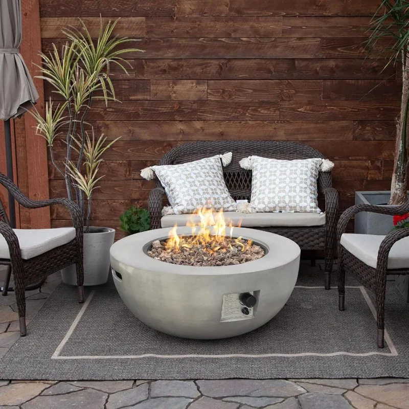 Outdoor Propane Fire Pit Table 31.5 Inch 50,000 BTU Round Concrete Firepit Gas Fire Pit w Lava Rocks and Rain Cover