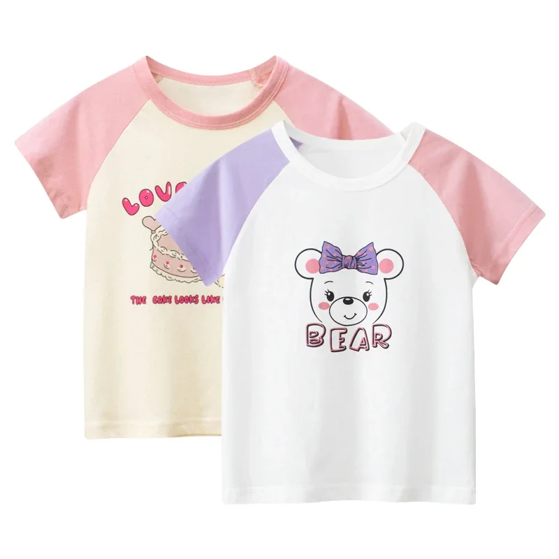 Pakaian anak-anak kaus lengan pendek wanita, atasan anak perempuan motif kartun beruang, baju bayi baru musim panas 2025