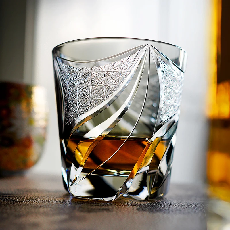 

JINYOUJIA-Japanese Edo Kiriko K9 Crystal Gorgeous Flames Glass Cup, Hand Carved, Thick Bottom Dark Grey Color Whiskey Wine Glass