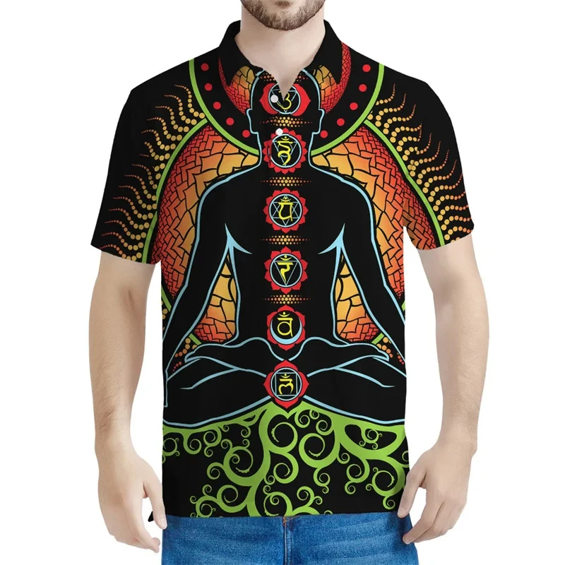 Classic Chakras Of The Universe Pattern Polo Shirt 3D Printed Button T Shirts For Men Summer Short Sleeve Plus Size Tees Tops