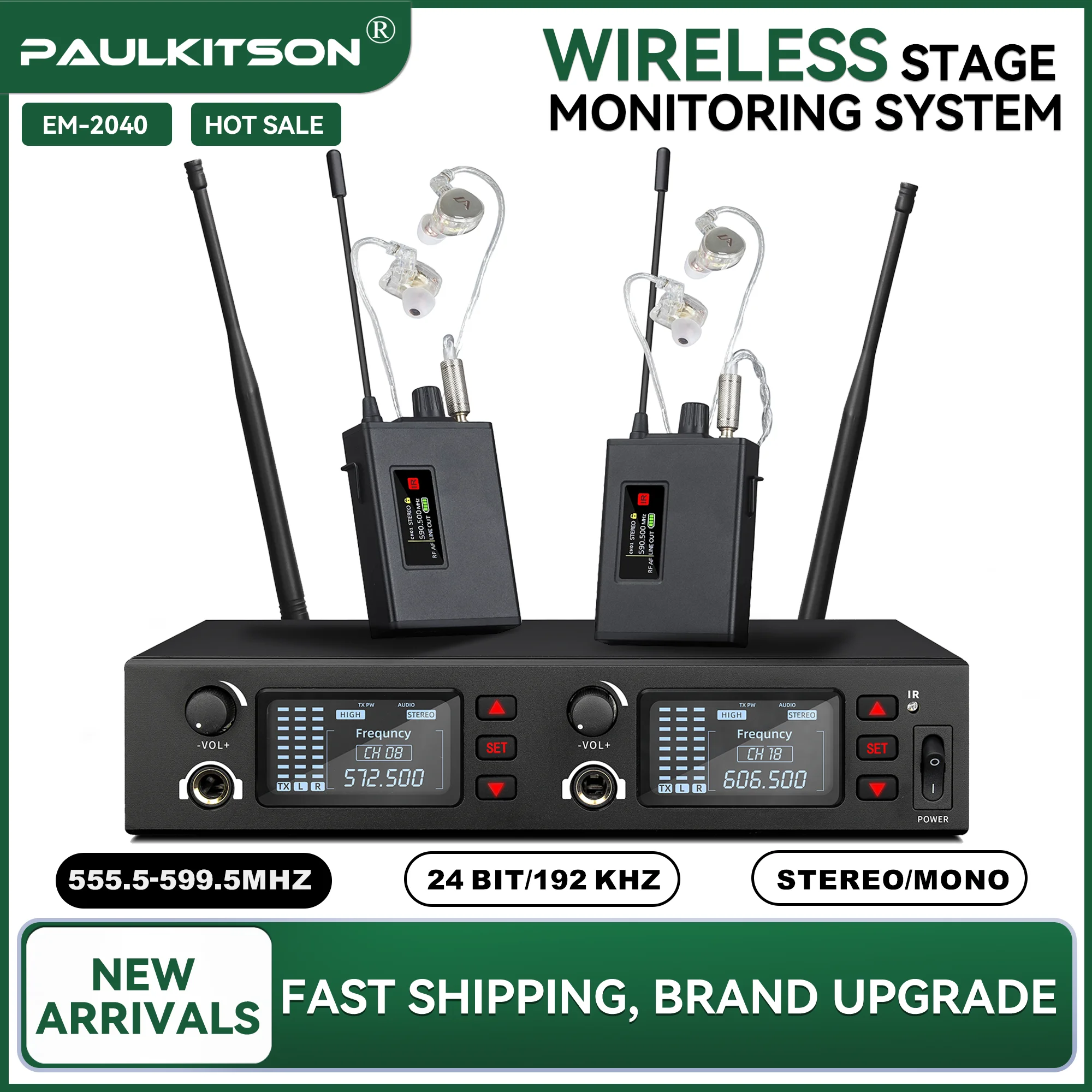 Paulkitson EM-2040 Drahtloses In-Ear-Monitoring-System 555,5-599,5MHz 24Bit-192KHz Stereo Mono mit geringer Verzögerung, geeignet für den Bühneneinsatz.