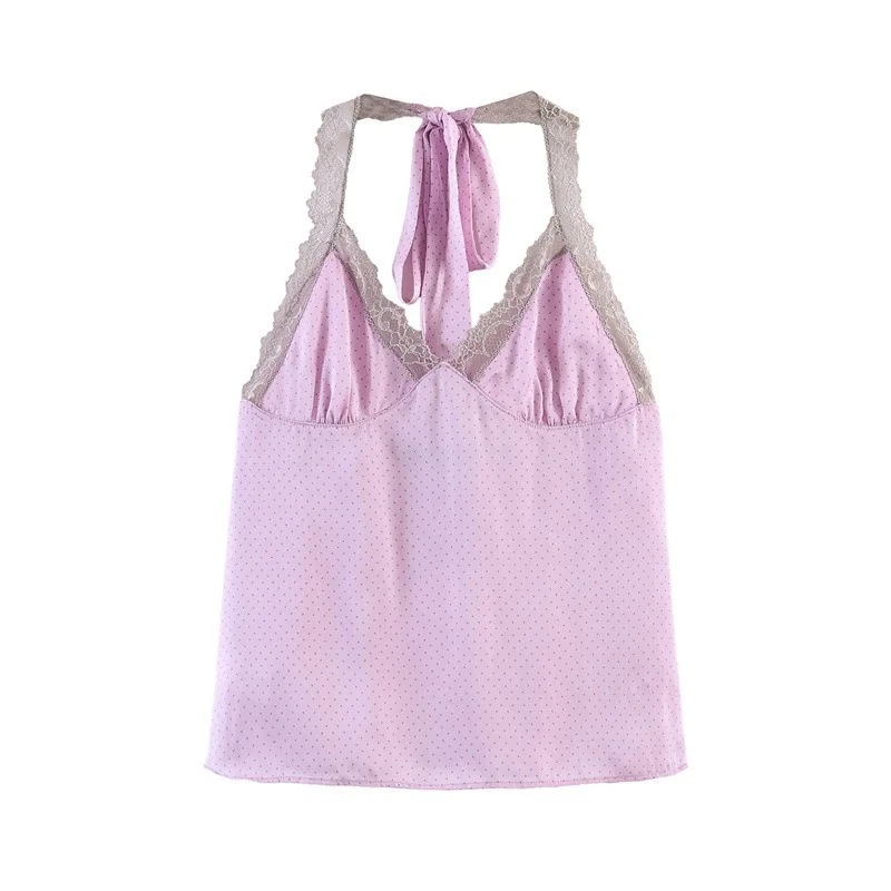

Dave&Di New European And American Style Women's Fashionable And Sexy Spicy Girl Polka Dot Lace Hanging Neck Top