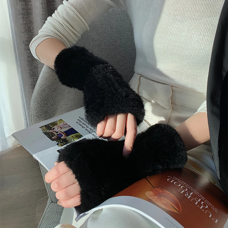 

Real Mink Fur Gloves Winter Women Fingerless Half-Finger Gloves Lady Knitted Genuine Mink Fur Mittens